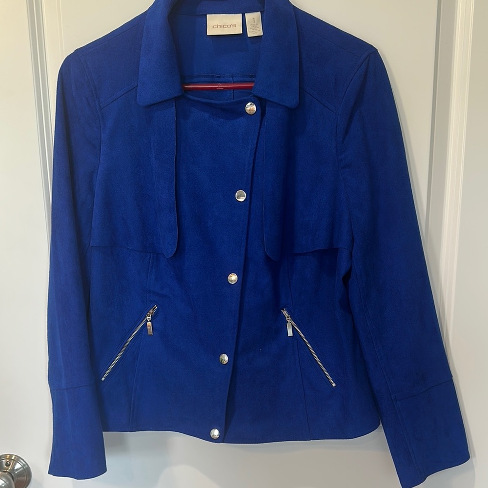 Chico’s Size 1 Faux Suede Blue Jacket with Silver Accents